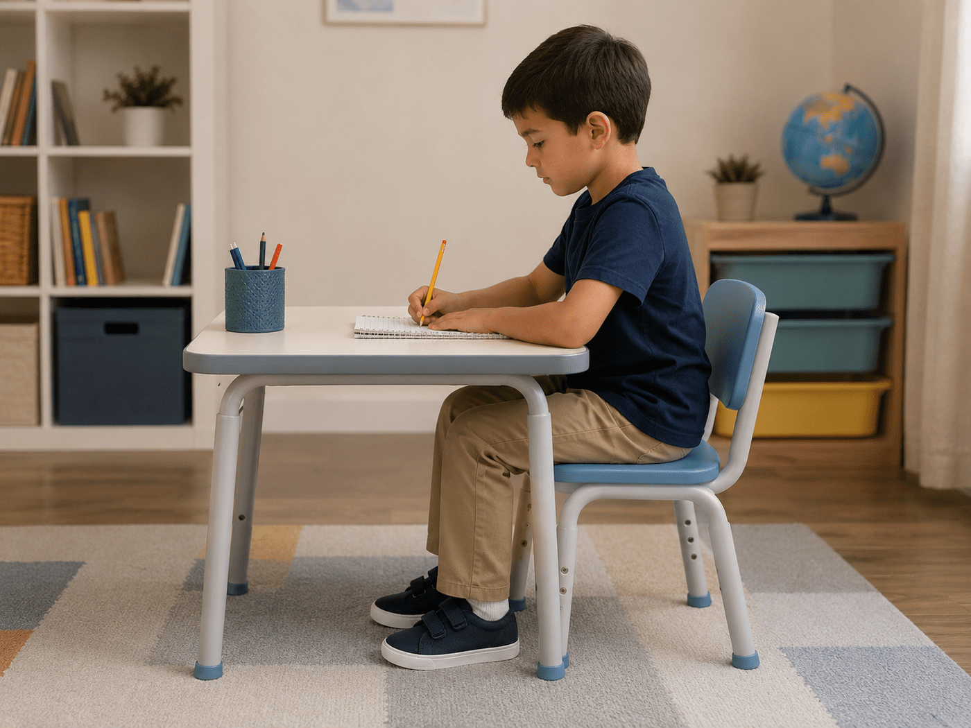 Niño escribiendo en una mesa y una silla a su medida, con los pies apoyados en el suelo