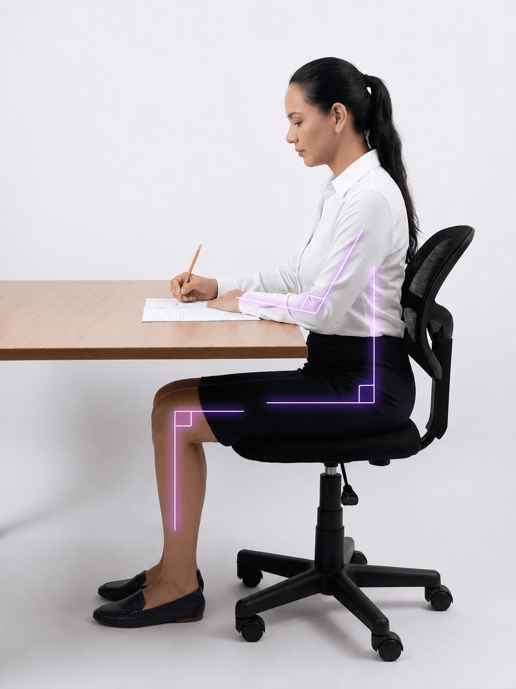 Mujer sentada escribiendo, con los ángulos de 90° marcados en codos, cadera y rodillas