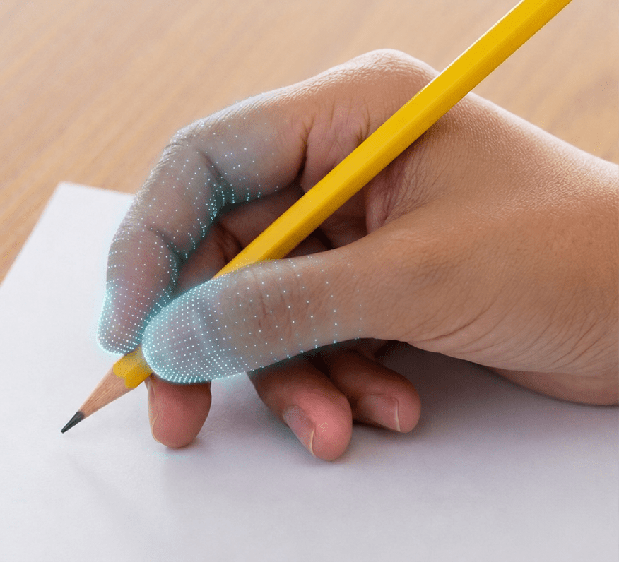 Primer plano de la mano con el pulgar y el índice enfocados sobre el lápiz