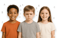 Icono realista niños con letras flotando